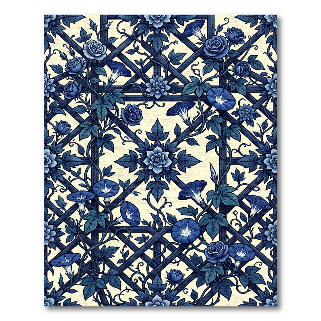 Deep Blue Floral Trellis Morning Glories Rug