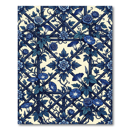 Deep Blue Floral Trellis Morning Glories Rug