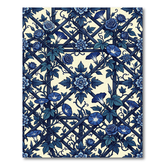 Deep Blue Floral Trellis Morning Glories Rug