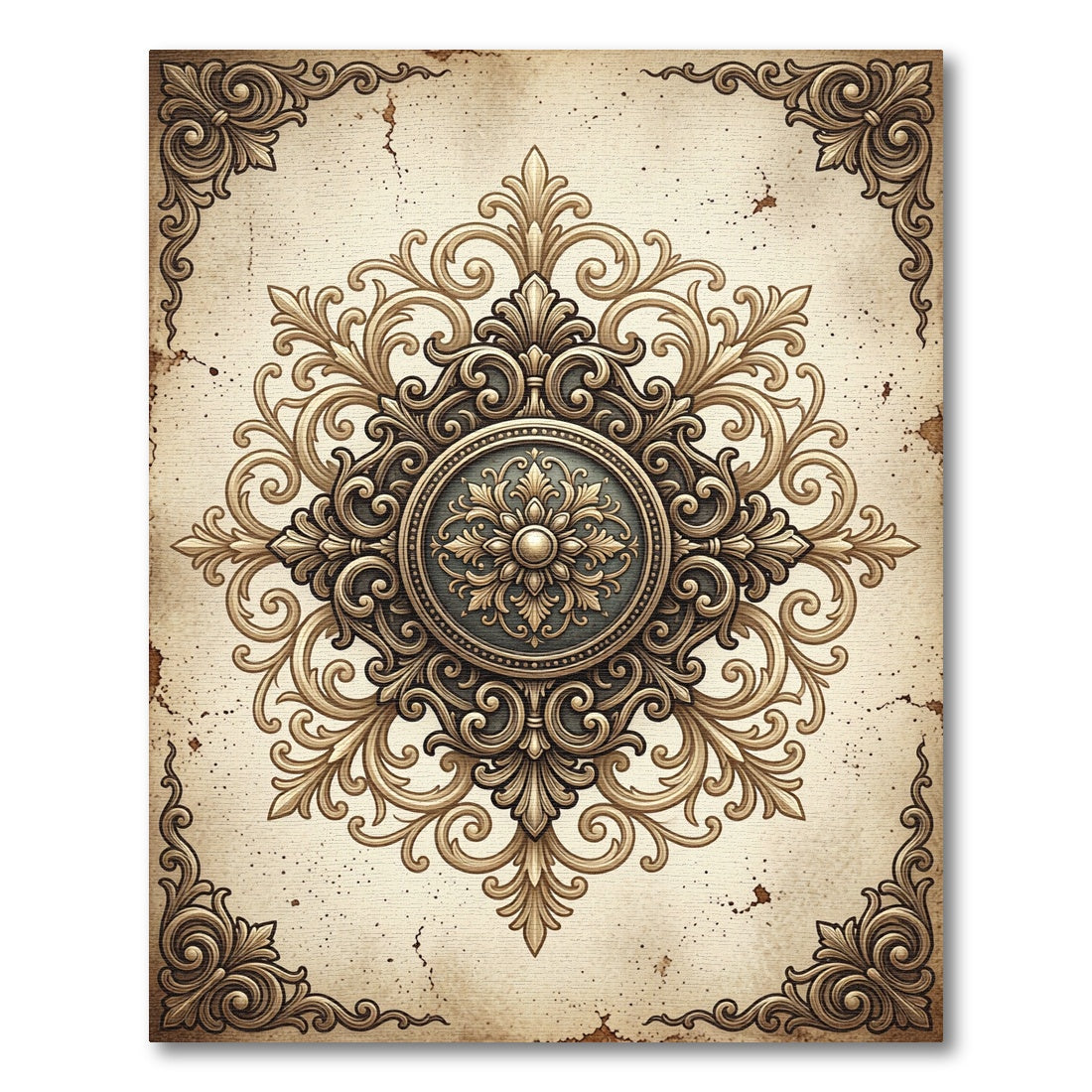 Ornate Antique Gold Filigree Medallion Rug