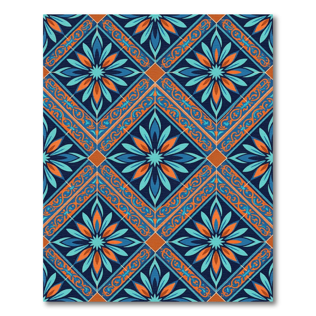 Navy Orange Blue Floral Diamond Rug