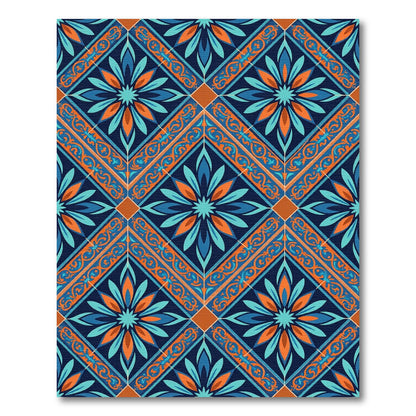 Navy Orange Blue Floral Diamond Rug