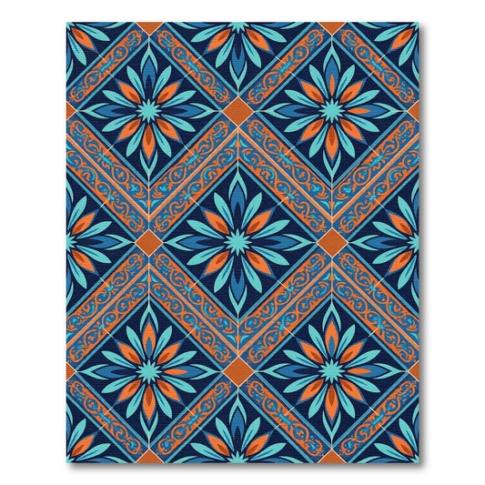 Navy Orange Blue Floral Diamond Rug