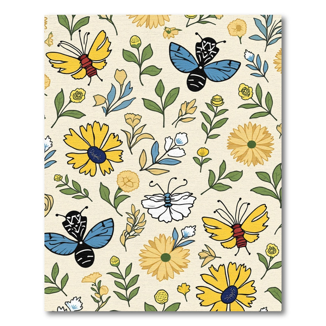 Yellow Blue White Butterfly Floral Composition Rug