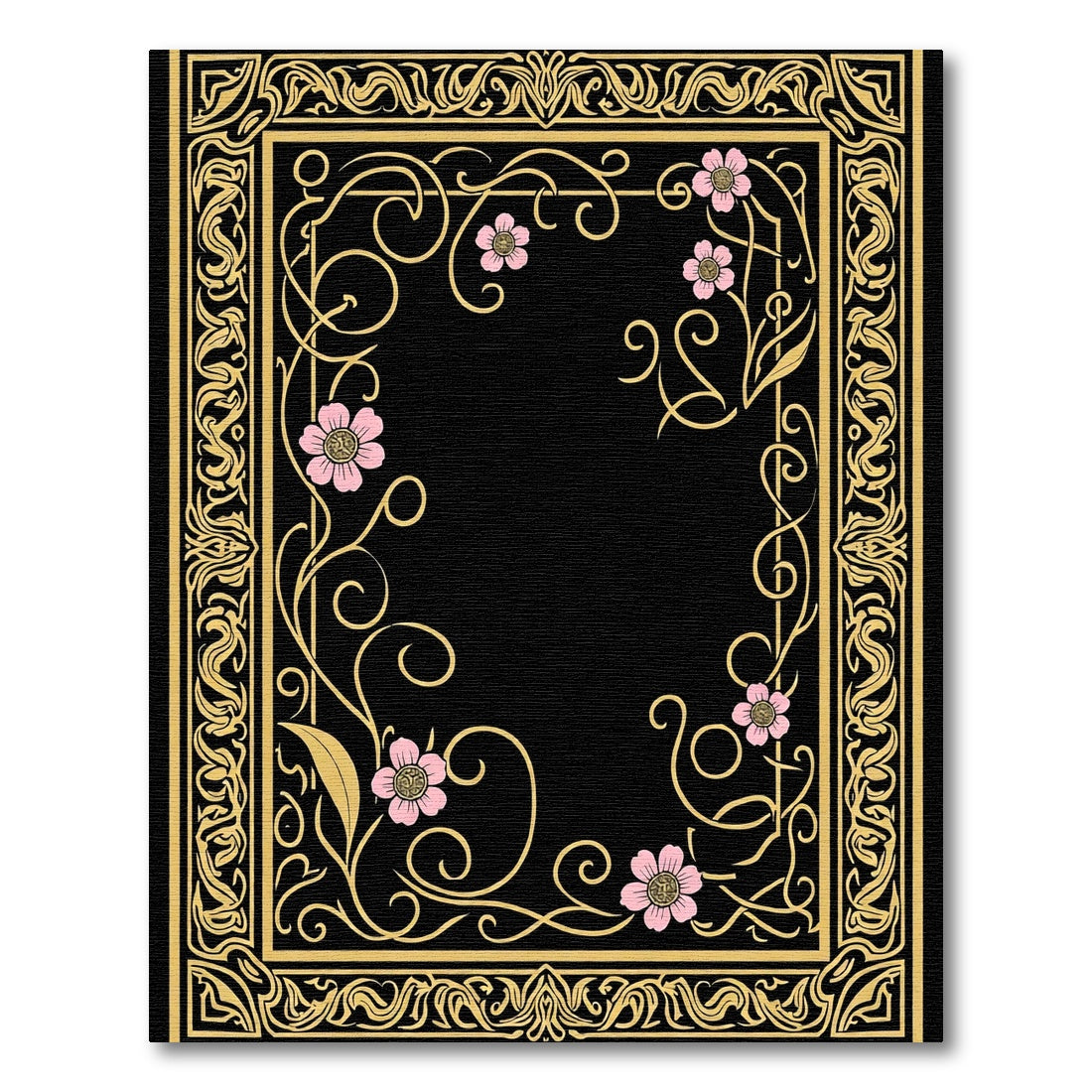 Golden Floral Swirl Black Border Rug