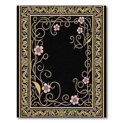 Golden Floral Swirl Black Border Rug