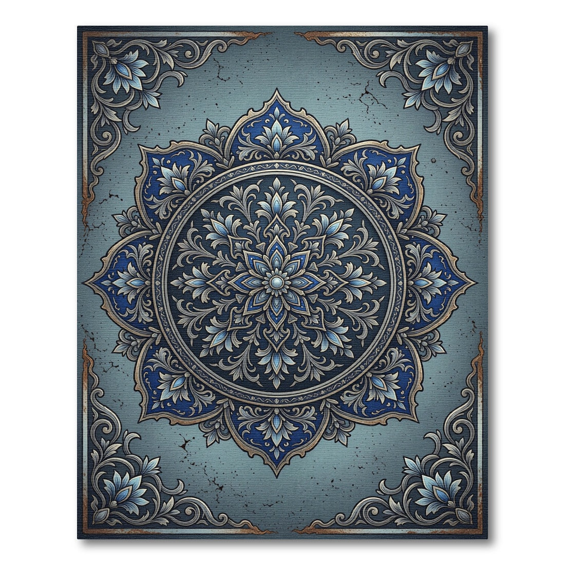 Elegant Navy Silver Floral Medallion Rug