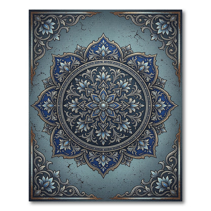 Elegant Navy Silver Floral Medallion Rug