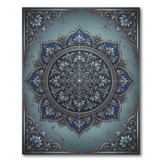Elegant Navy Silver Floral Medallion Rug