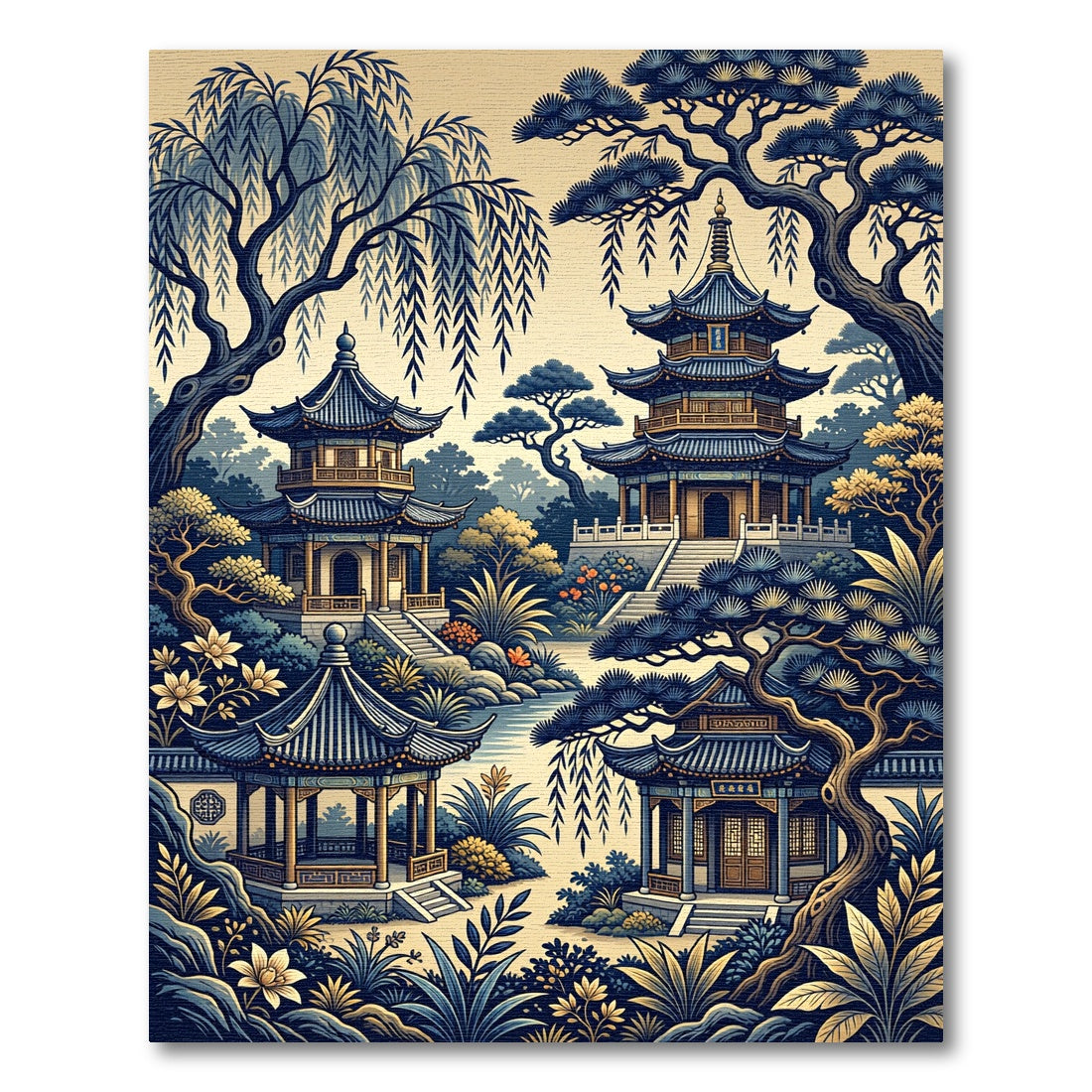 Blue Pagoda Garden Zen Landscape Rug