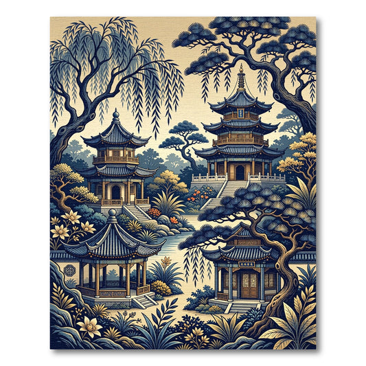Blue Pagoda Garden Zen Landscape Rug