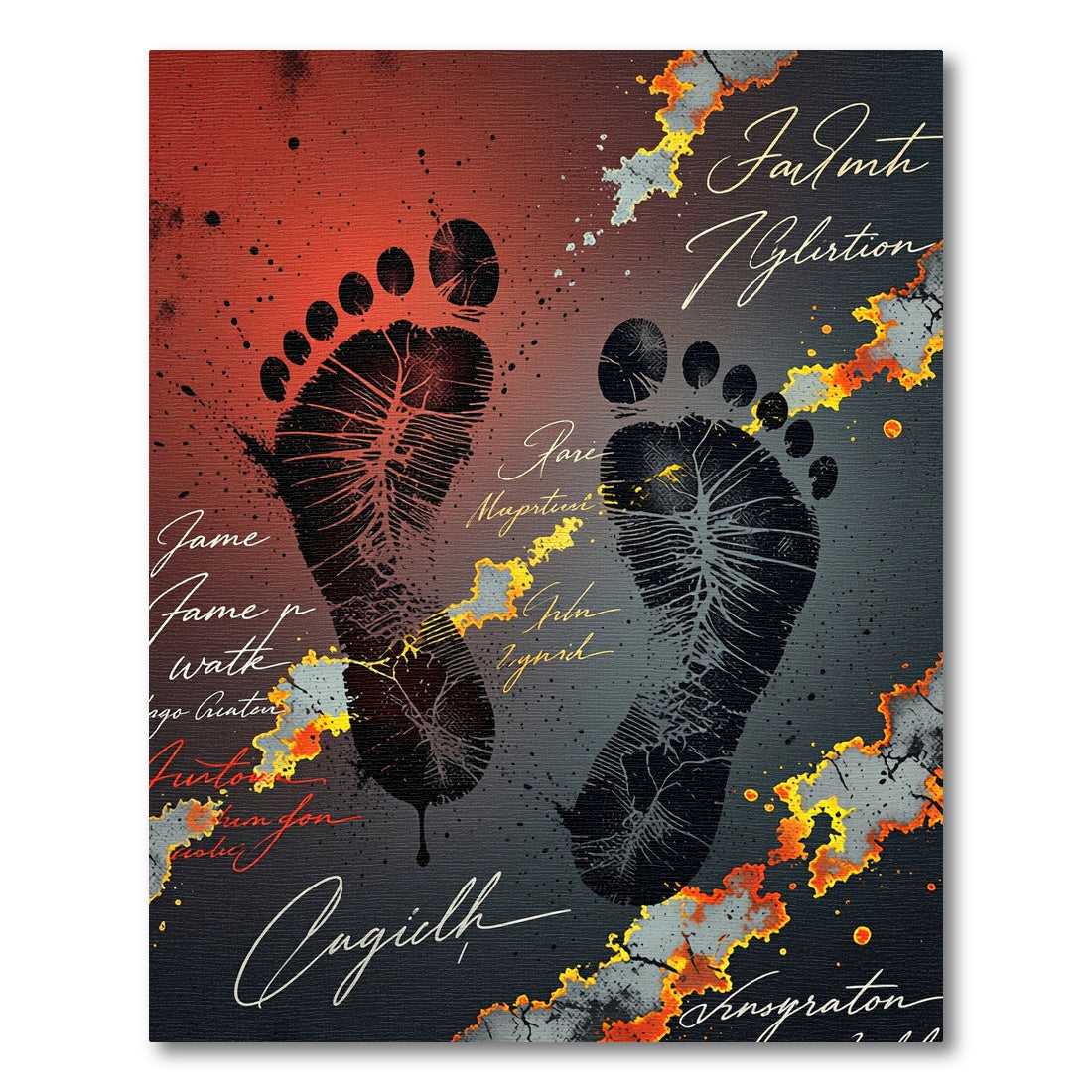 Crimson Fire Footprint Calligraphy Rug
