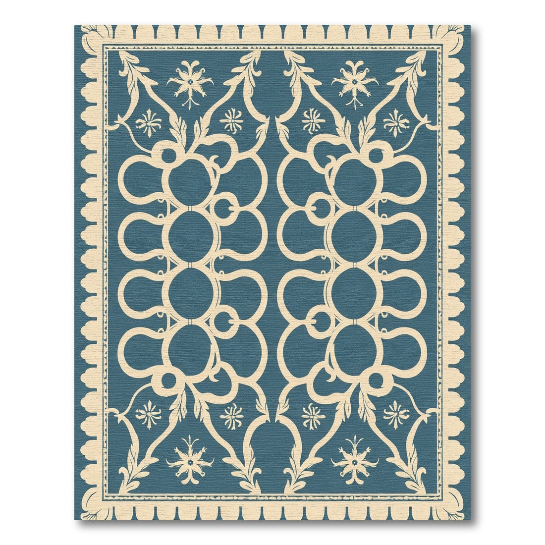 Deep Blue Cream Damask Scroll Rug