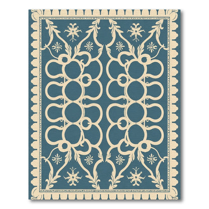 Deep Blue Cream Damask Scroll Rug