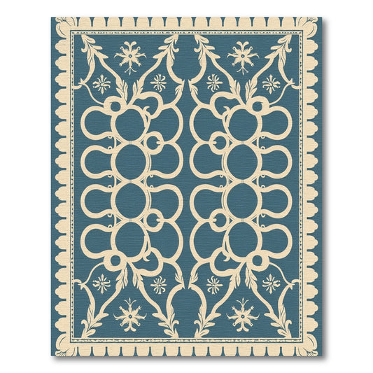 Deep Blue Cream Damask Scroll Rug