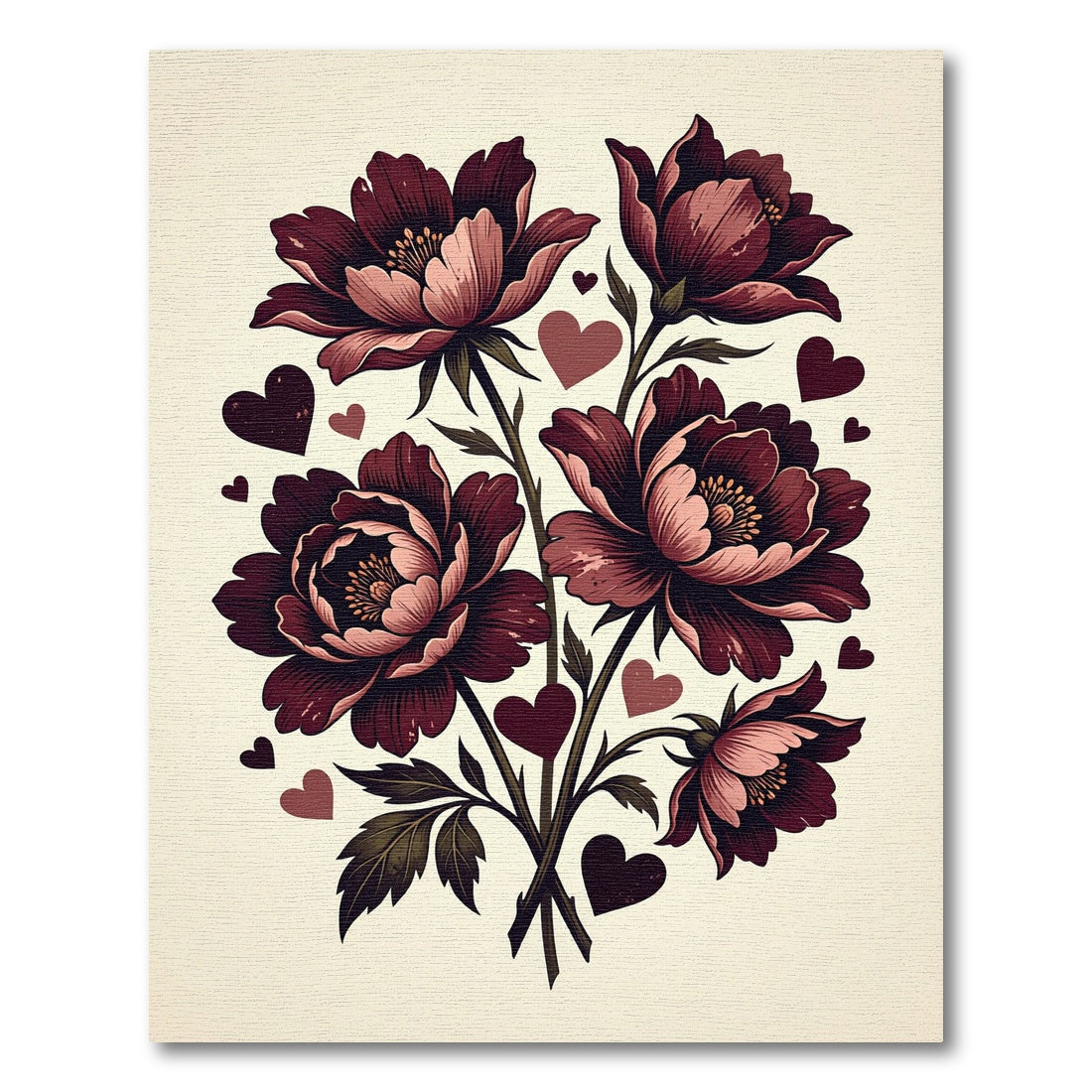 Burgundy Botanical Floral Hearts Illustration Rug