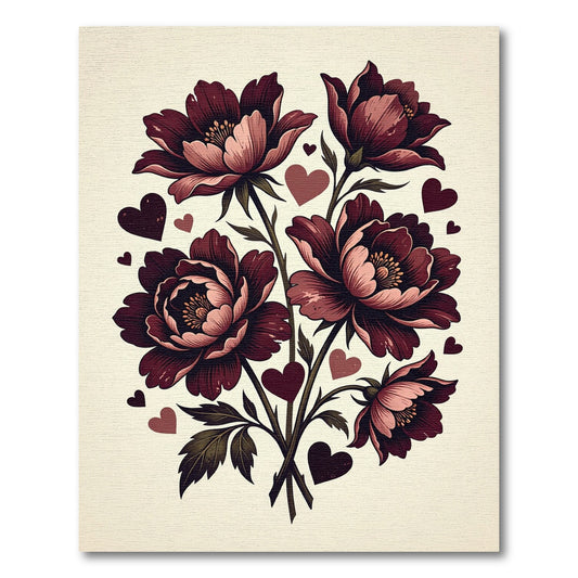 Burgundy Botanical Floral Hearts Illustration Rug