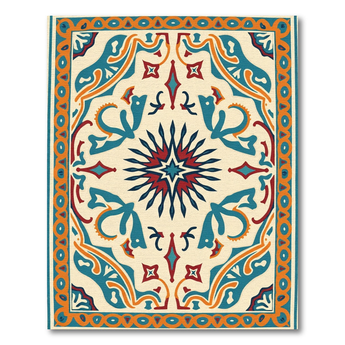Aqua Crimson Sunburst Geometric Medallion Rug