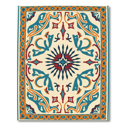 Aqua Crimson Sunburst Geometric Medallion Rug