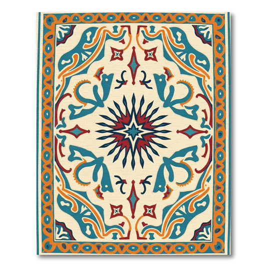 Aqua Crimson Sunburst Geometric Medallion Rug