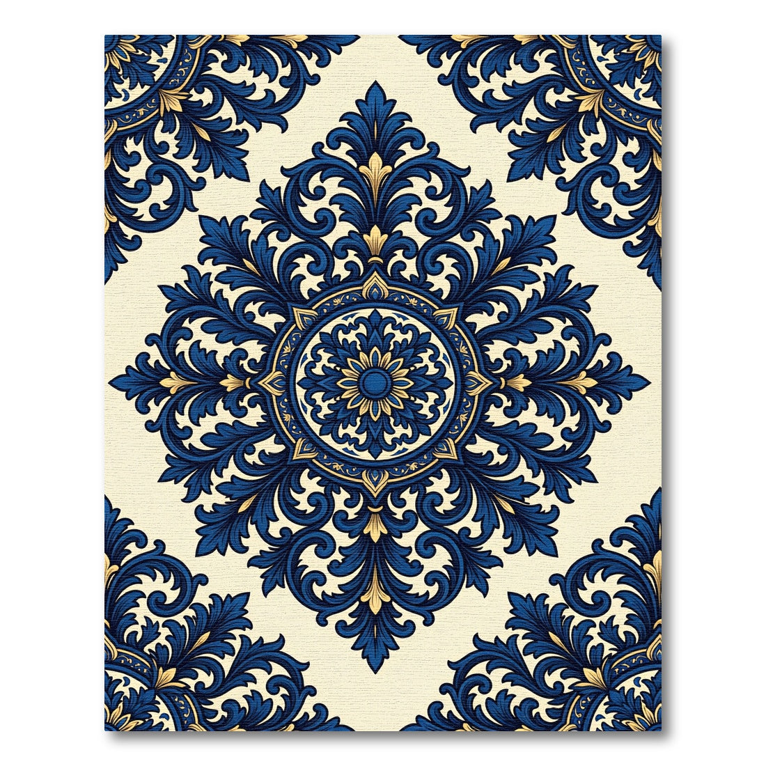 Elegant Navy Blue Gold Damask Medallion Rug