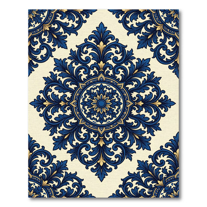 Elegant Navy Blue Gold Damask Medallion Rug