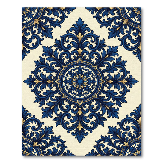 Elegant Navy Blue Gold Damask Medallion Rug