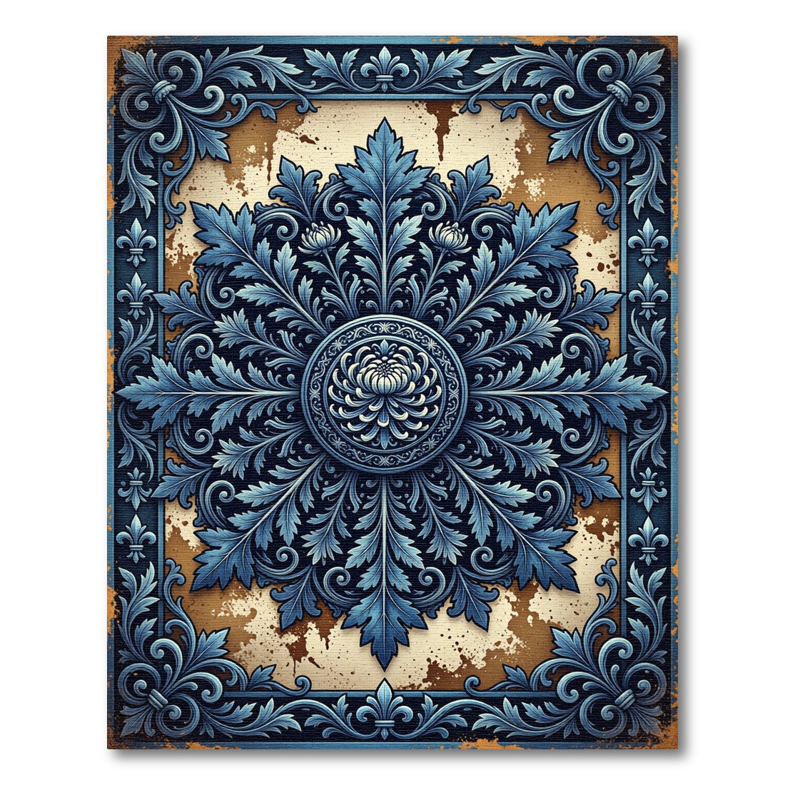 Elegant Navy Ornate Floral Medallion Rug