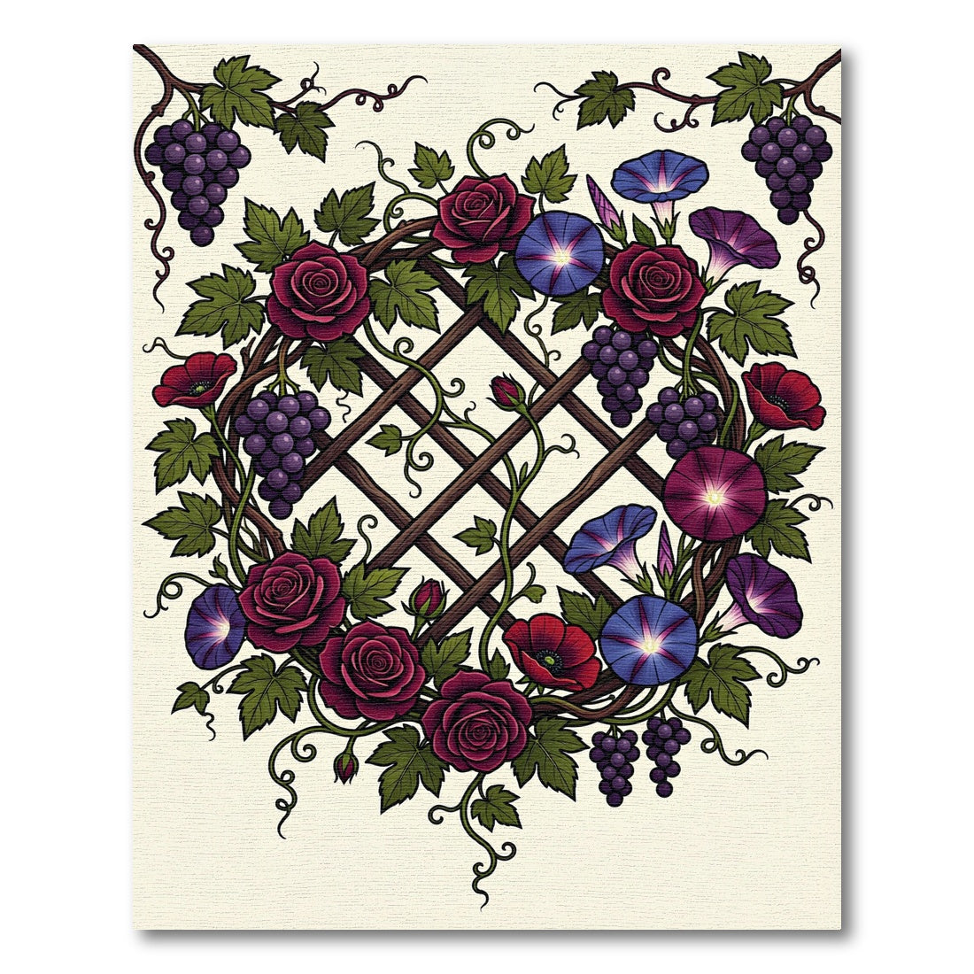 Botanical Vineyard Rose and Morning Glory Wreath Rug