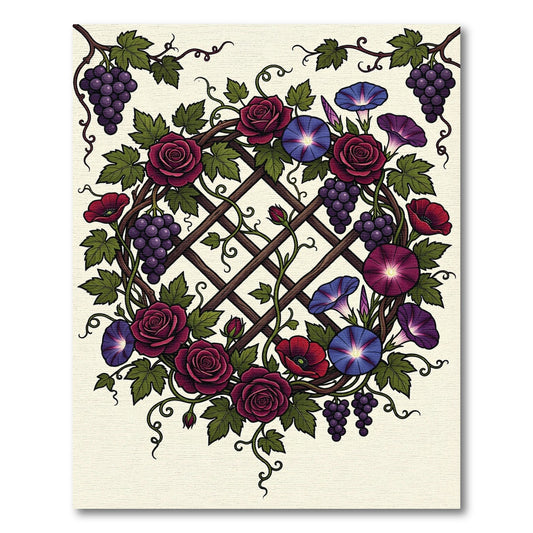 Botanical Vineyard Rose and Morning Glory Wreath Rug