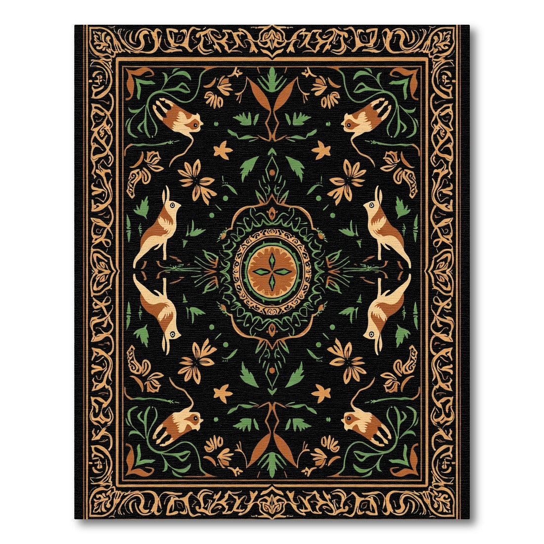 Ornate Brown Green Bird Floral Medallion Rug