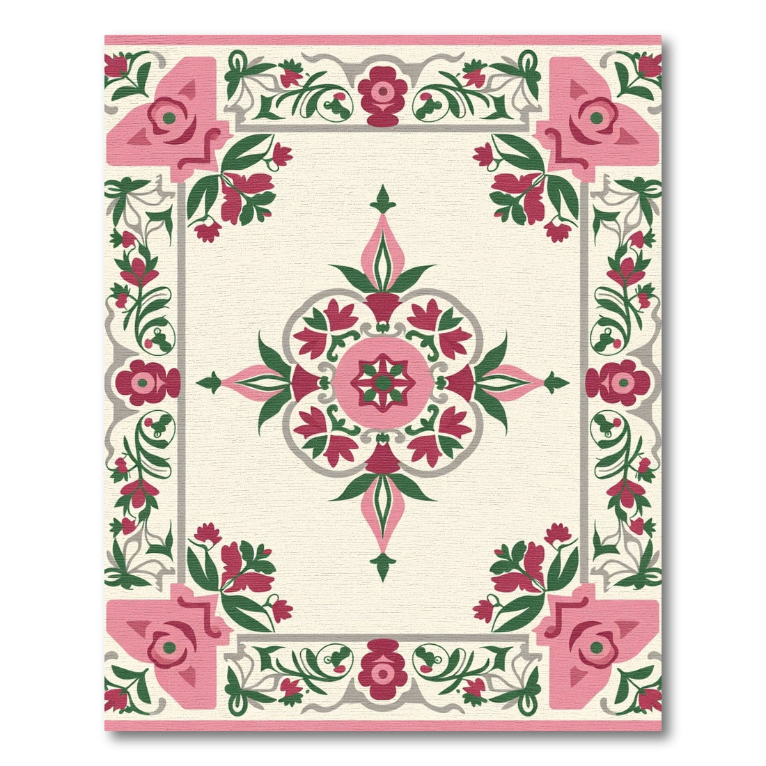 Pink Green Floral Medallion Border Rug