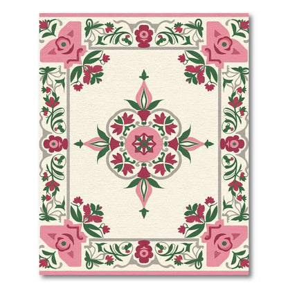 Pink Green Floral Medallion Border Rug