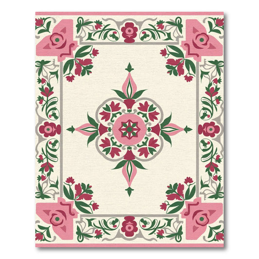 Pink Green Floral Medallion Border Rug