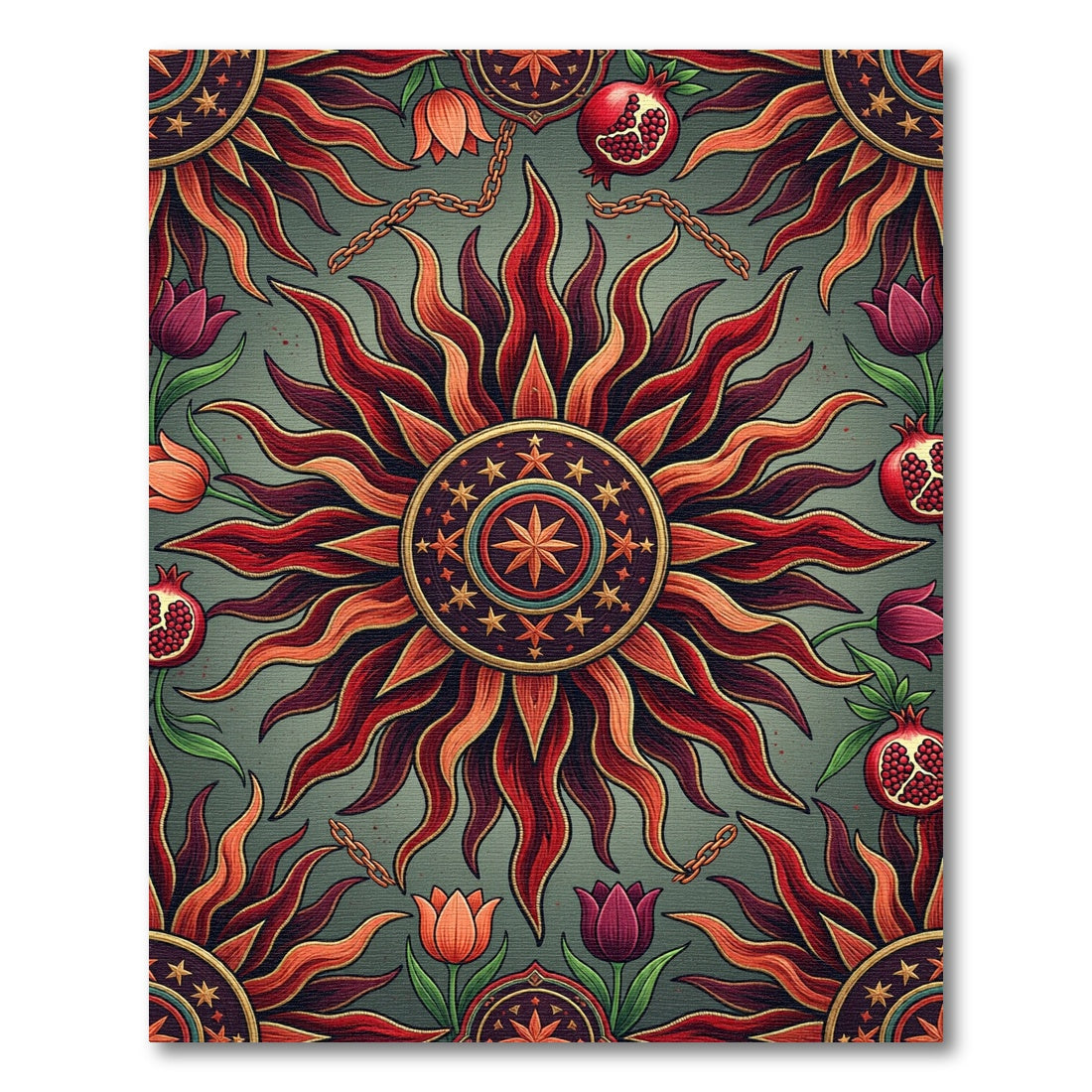 Radiant Solar Celestial Pomegranate Floral Tapestry Rug