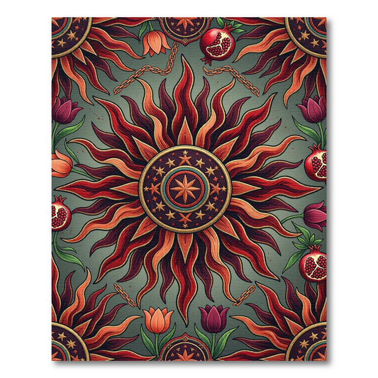 Radiant Solar Celestial Pomegranate Floral Tapestry Rug