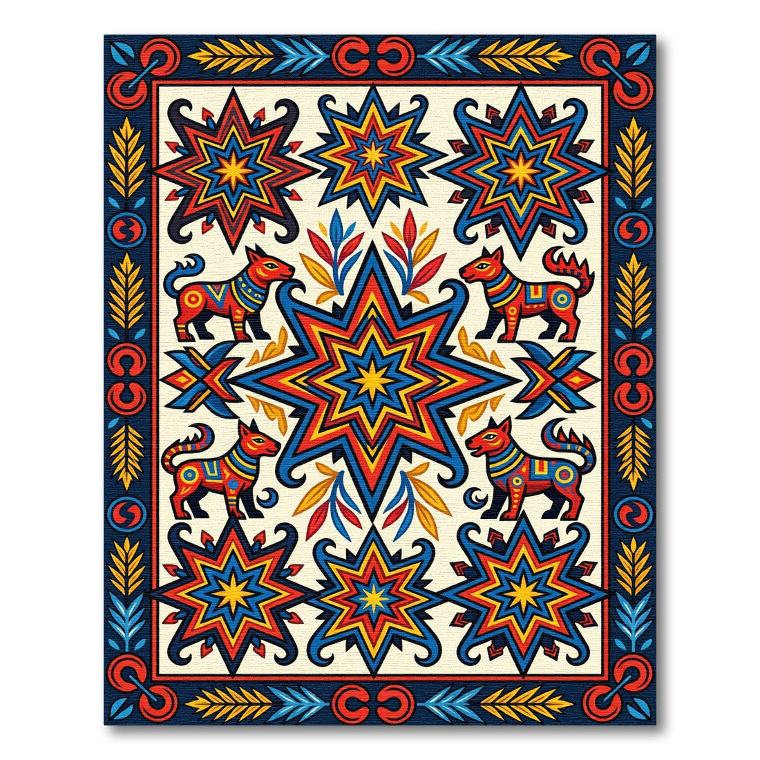 Vibrant Multicolored Geometric Animal Star Tapestry Rug