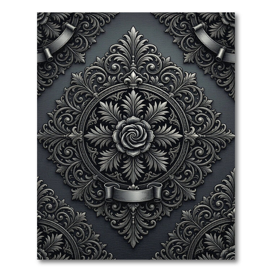 Ornate Silver Fleur-de-lis Rose Rug