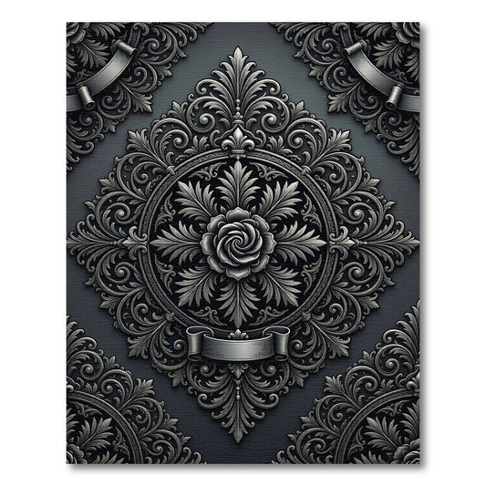 Ornate Silver Fleur-de-lis Rose Rug