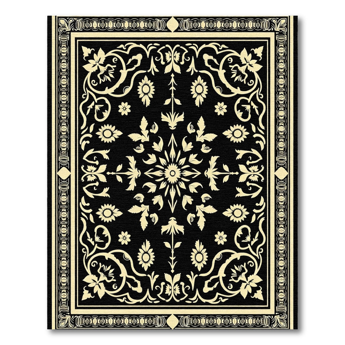 Black Cream Floral Medallion Tapestry Rug