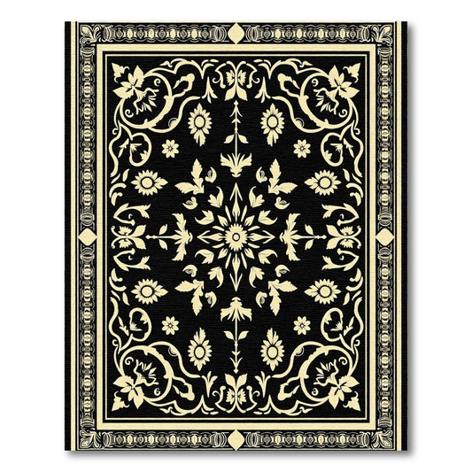 Black Cream Floral Medallion Tapestry Rug
