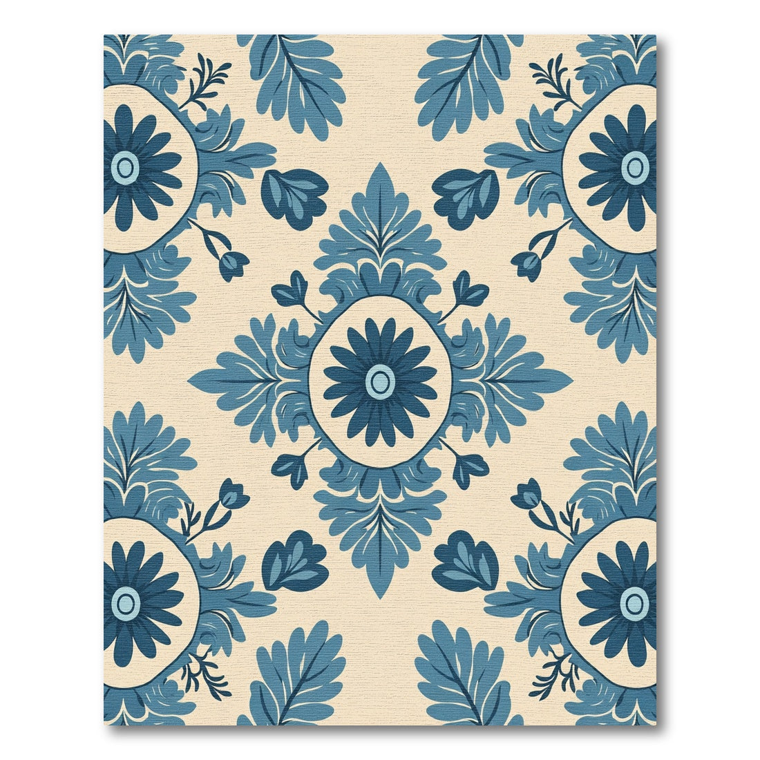 Blue Floral Medallion Cream Background Rug