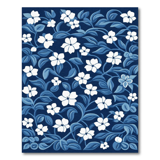 Midnight Blue White Floral Vines Rug