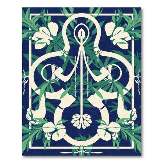 Deep Navy Green Leaf Scroll Rug