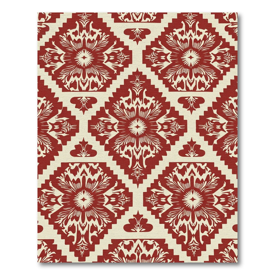 Crimson Cream Damask Geometric Rug