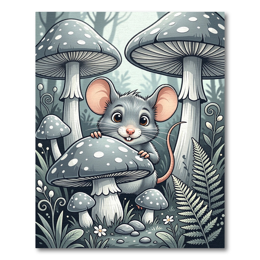 Whimsical Gray Mouse and Mushroom Forest Rug