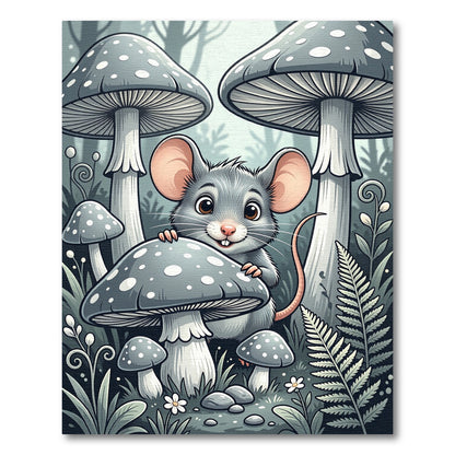 Whimsical Gray Mouse and Mushroom Forest Rug