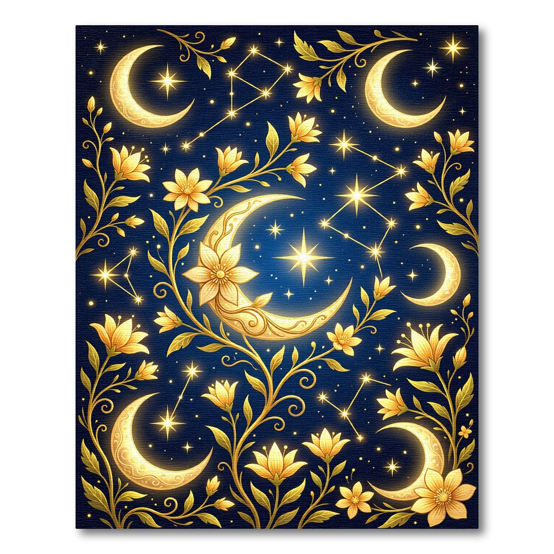 Golden Celestial Crescent Moon Floral Art Rug