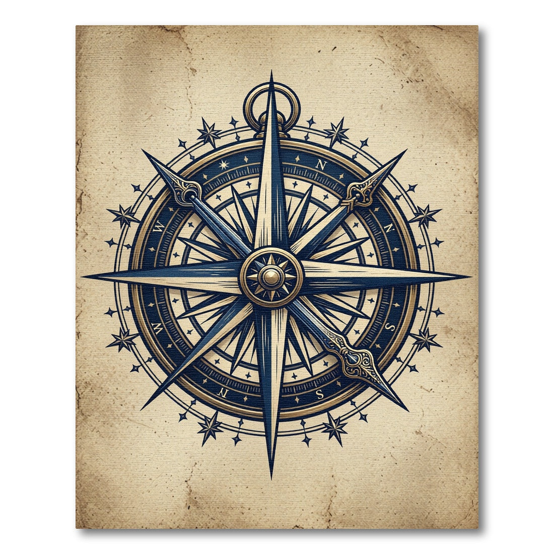 Vintage Navy Gold Nautical Compass Rug