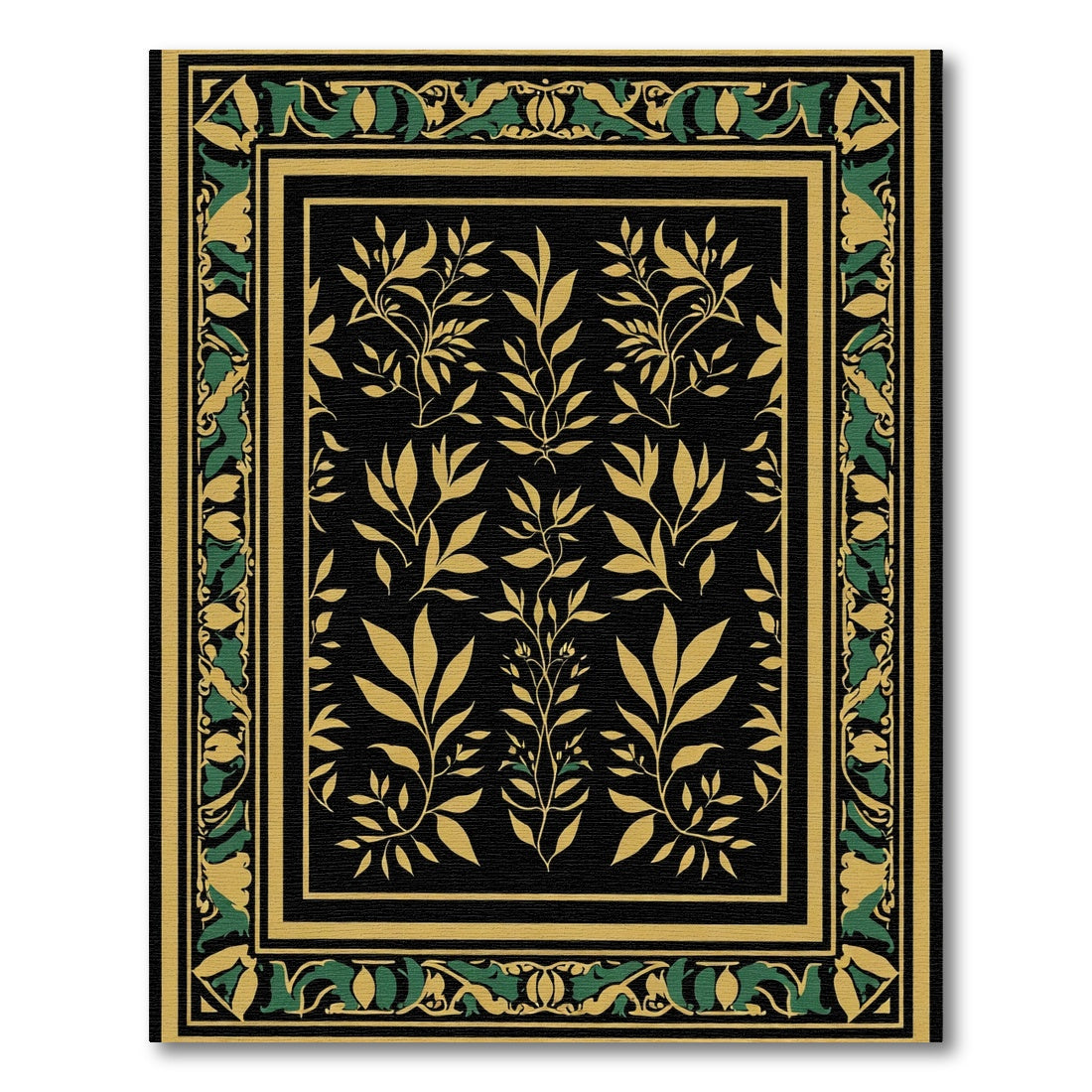 Black Gold Green Leaf Border Rug